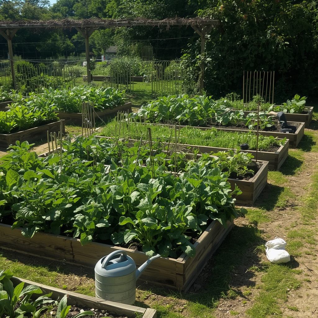 A lush vegetable garden full of raised beds with healthy green plants, watering cans and gardening tools placed near wooden pathways under bright morning sunlight